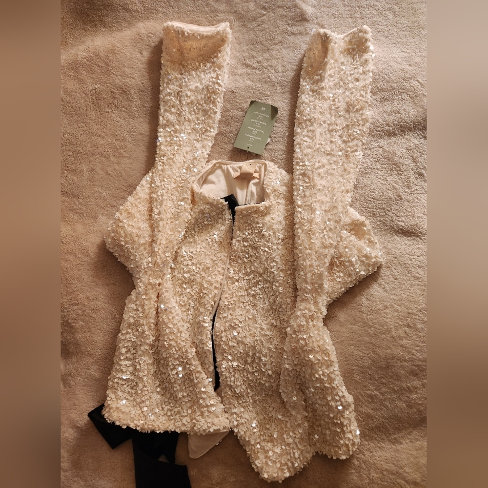 H&M Tie-front Sequined Jacket Off White/black bow sz S, M. BNWT - Picture 10 of 10